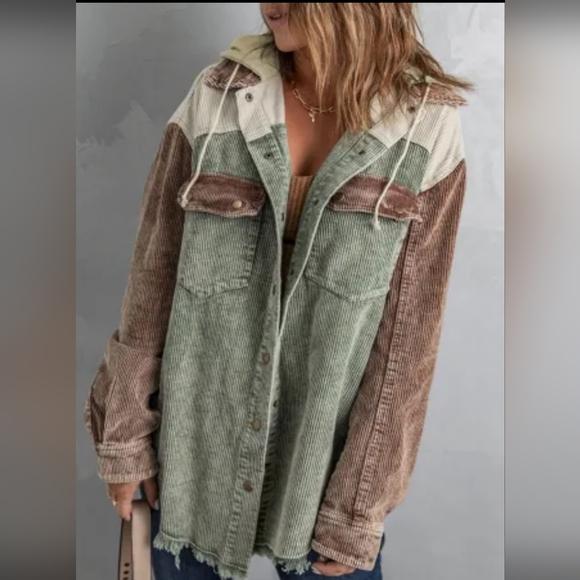 Jackets & Blazers - Corduroy Shacket with hood. Size Medium. Cream, army green and tan.